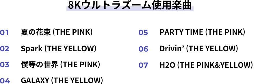 8Kウルトラズーム使用楽曲 ①夏の花束 (THE PINK) ②Spark (THE YELLOW) ③僕等の世界 (THE PINK) ④GALAXY (THE YELLOW) ⑤PARTY TIME (THE PINK) ⑥Drivin’ (THE YELLOW) ⑦H2O (THE PINK&YELLOW)